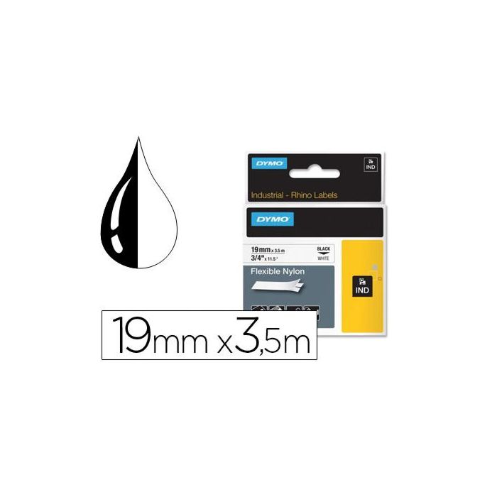 Dymo Rhino Cinta De Etiquetas Industrial Adhesiva Id1-19, Negro Sobre Blanco De 19 mmx3´5 M, Nylon Flexible S0718120