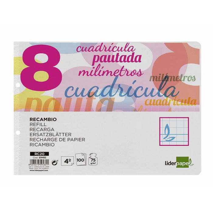 Recambio Liderpapel Cuarto Apaisado Pautaguia 100 Hojas 75 gr Cuadriculado Pautado 8 mm Con Margen 2 Taladros 1