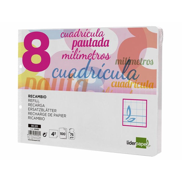 Recambio Liderpapel Cuarto Apaisado Pautaguia 100 Hojas 75 gr Cuadriculado Pautado 8 mm Con Margen 2 Taladros 2