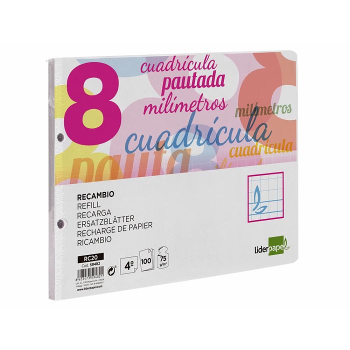 Recambio Liderpapel Cuarto Apaisado Pautaguia 100 Hojas 75 gr Cuadriculado Pautado 8 mm Con Margen 2 Taladros 3