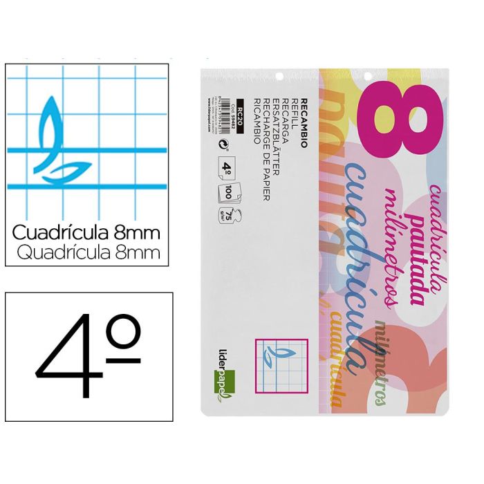 Recambio Liderpapel Cuarto Apaisado Pautaguia 100 Hojas 75 gr Cuadriculado Pautado 8 mm Con Margen 2 Taladros