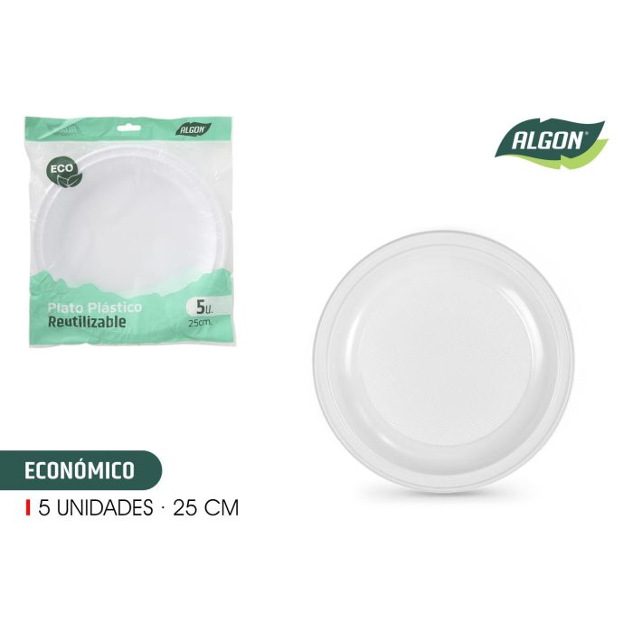 Algon - Set de 5 Platos Redondos de Plástico Económicos, 25 cm de Diámetro, para uso diario. (24 Unidades)