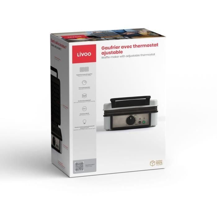 Livoo DOP206 Gofrera con termostato regulable, 1200W, 2 gofres, antiadherente, superficie 14,5x17,5 cm, indicadores luminosos 4