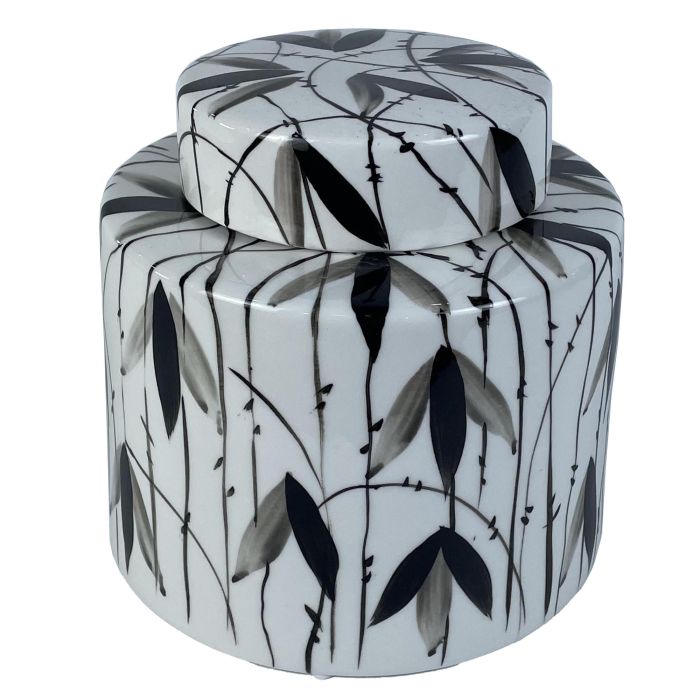 DKD Home Decor Tibor Oriental de Porcelana Blanco y Negro con Diseño de Hojas 17x16x17 cm