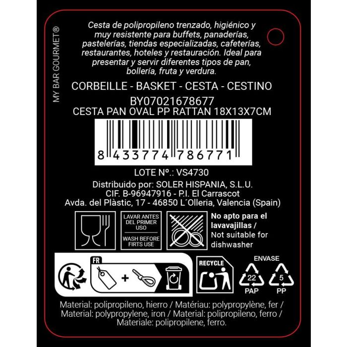 Inde Cesta para Pan Oval de PP Rattan 18 cm x 13 cm x 8.2 cm 5