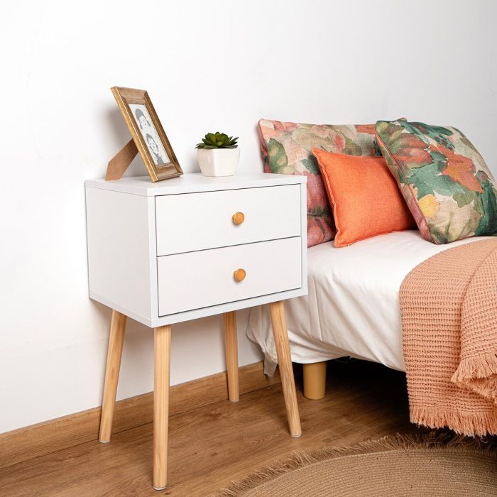 Vinthera Moa Mesilla Madera Melamina y Patas Pino 40x30x62.5 cm Blanco Fácil Montaje 2