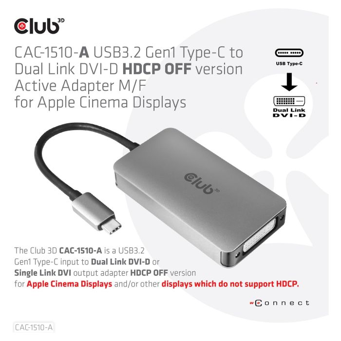 Club 3D CAC-1510-A Adaptador USB 3.2 Tipo C a DVI-D Dual Link, Soporte 4K@60Hz, Conector DisplayPort Alt Mode 3