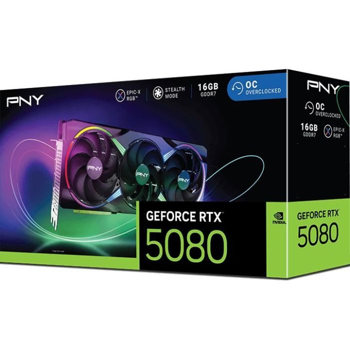 PNY VCG508016TFXXPB1-O GeForce RTX 5080 16GB GDDR7 OC con 3 ventiladores ARGB para Gaming 4