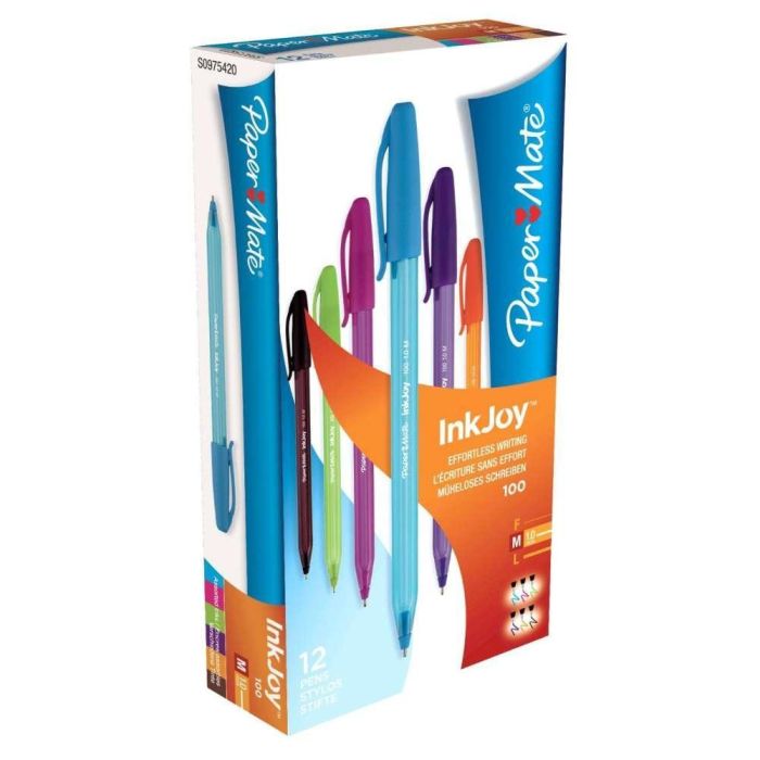 Paper Mate Bolígrafo Inkjoy 100 - Surtido Colores: Rosa, Verde Claro, Morado, Naranja, Marrón, Turquesa - Caja 12 Ud