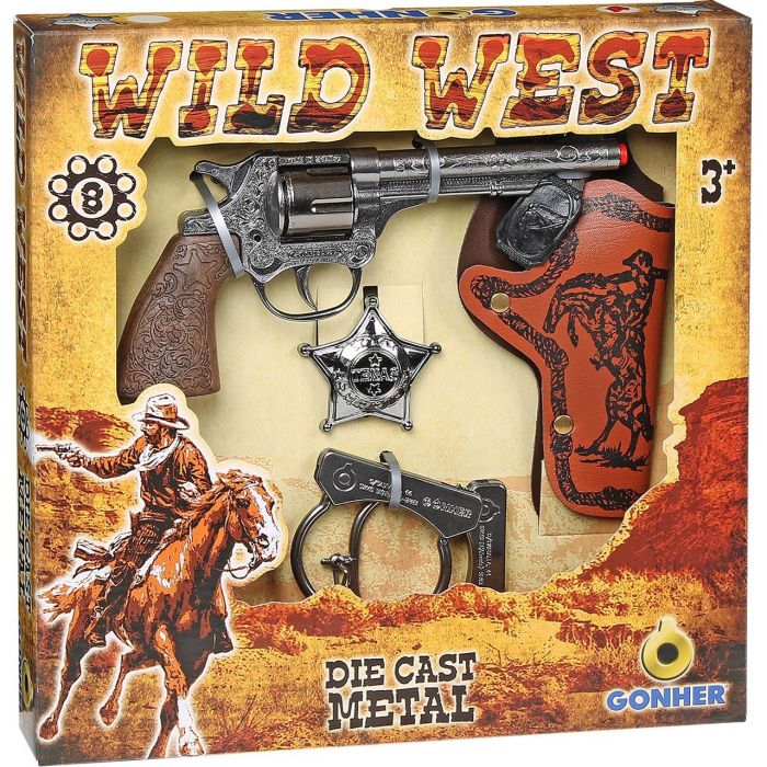 Gonher 157/0 Set de Vaquero Wild West con Revólver Metálico, Fulminantes 8 Tiros, Cartuchera, Esposas y Estrella Sheriff +3 Años 1