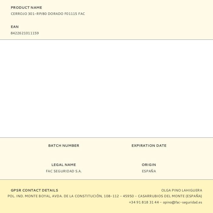 Fac Cerrojo tradicional de sobreponer con cilindro 301-rp/80 dorado F01115, 5 llaves de seguridad 2 Fac Cerrojo tradicional de sobreponer con cilindro 301-rp/80 dorado F01115, 5 llaves de seguridad 2