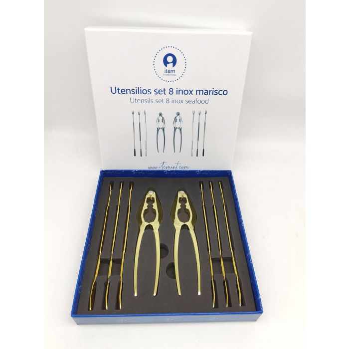 DKD Home Decor Set de 8 Utensilios de Marisco de Acero Inoxidable Dorado, 15 cm de largo, Apto para Lavavajillas 1