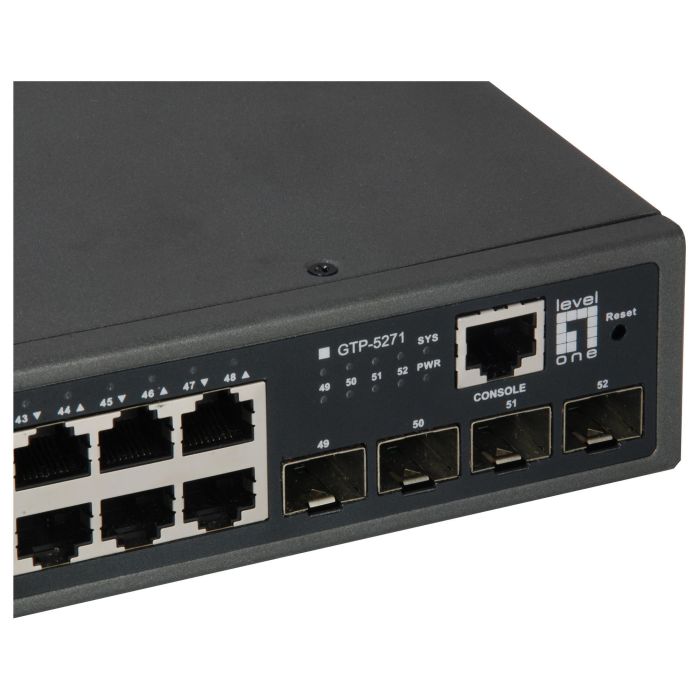 Level One GTP-5271 Switch Gestionado L3 48 Puertos Gigabit Ethernet PoE+ 4 Puertos 10G SFP+ Montaje en Rack 400W 2 Level One GTP-5271 Switch Gestionado L3 48 Puertos Gigabit Ethernet PoE+ 4 Puertos 10G SFP+ Montaje en Rack 400W 2