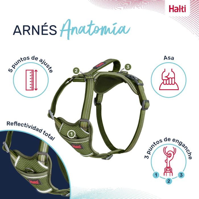 Halti Arnés Perro Anatomy Ajustable Reflectante con Asa M Verde - Medida Cuerpo 48-68 cm, Cuello 35-55 cm