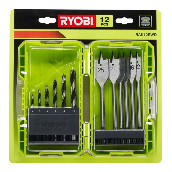 Ryobi Caja para taladro de madera apilable 12 accesorios (6 taladros + 6 mechas planas) 1 Ryobi Caja para taladro de madera apilable 12 accesorios (6 taladros + 6 mechas planas) 1