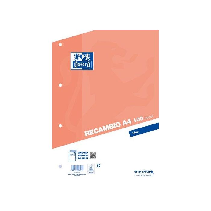 Recambio Oxford School A4 100H 90Gr 4 Taladros Liso Naranja
