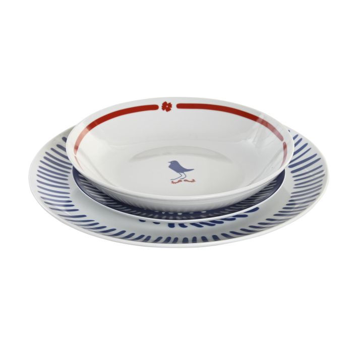 DKD Home Decor Vajilla de Porcelana Mediterráneo Blue Red Bird Set de 18 Piezas Azul Rojo Blanco Apto Microondas y Lavavajillas 3