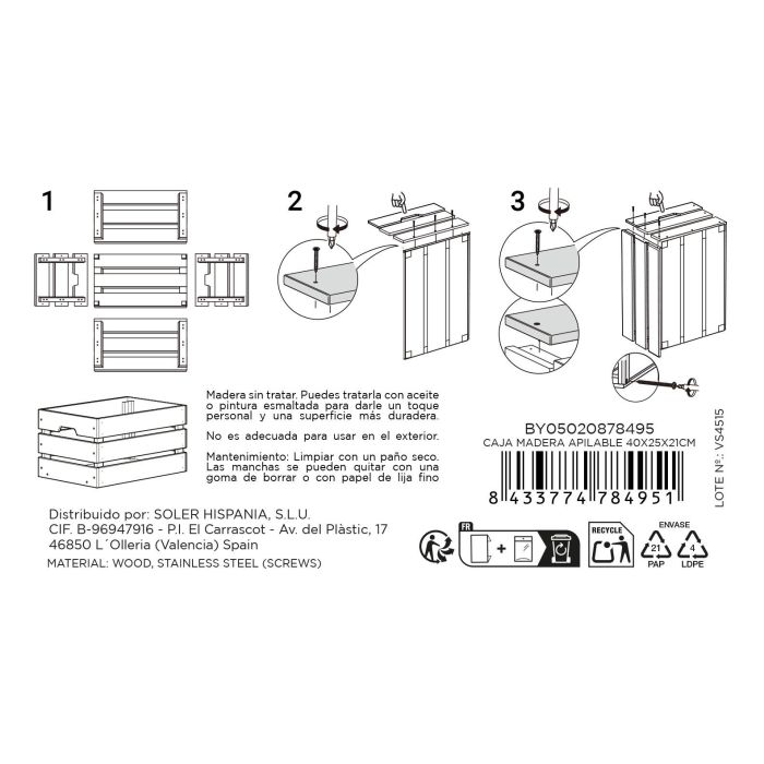 Inde Caja Madera Apilable 40 cm x 25 cm x 20 cm (4 Unidades)