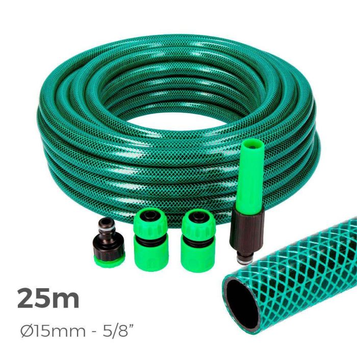 Edm Kit Manguera de Jardín 25 m PVC 3 Capas, Flexible, Anti-Algas, 5/8" 15 mm
