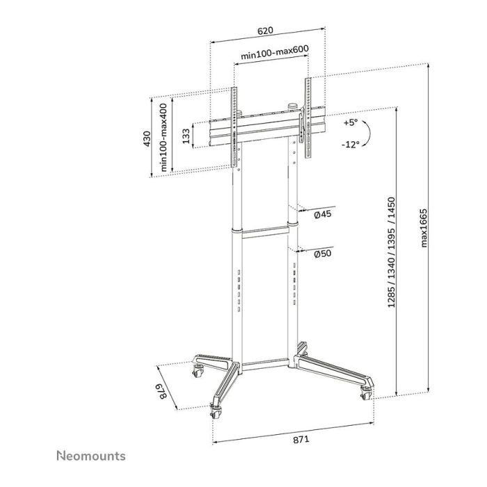 Neomounts FL50-540BL1 Carrito Móvil para Pantallas de 37"-70", Carga Máx. 50 kg, Ajuste Manual H:128,5-145 cm, VESA 100x100-600x400 - Negro 6