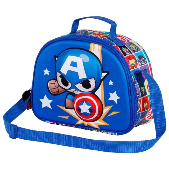 Marvel Capitán América Bolsa Portamerienda 3D con Forro Isotérmico, Diseño en Relieve, Asa Bandolera Ajustable, Azul 3