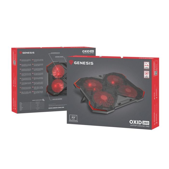 GENESIS Oxid 260 Base Refrigeradora para portátiles hasta 17.3" con 4 ventiladores, 8 Ángulos Ajustables, Gaming Negro/Rojo 2