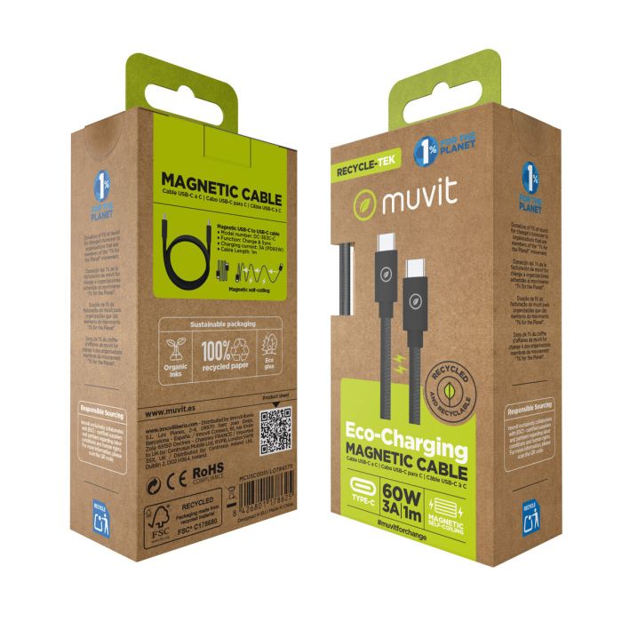 muvit for change cable magnético Tipo C a Tipo C 3A 60W 1m negro 4 muvit for change cable magnético Tipo C a Tipo C 3A 60W 1m negro 4