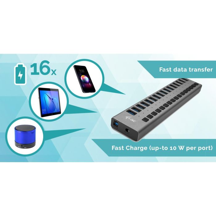 Hub USB i-Tec U3CHARGEHUB16 Gris 90 W 5 Hub USB i-Tec U3CHARGEHUB16 Gris 90 W 5