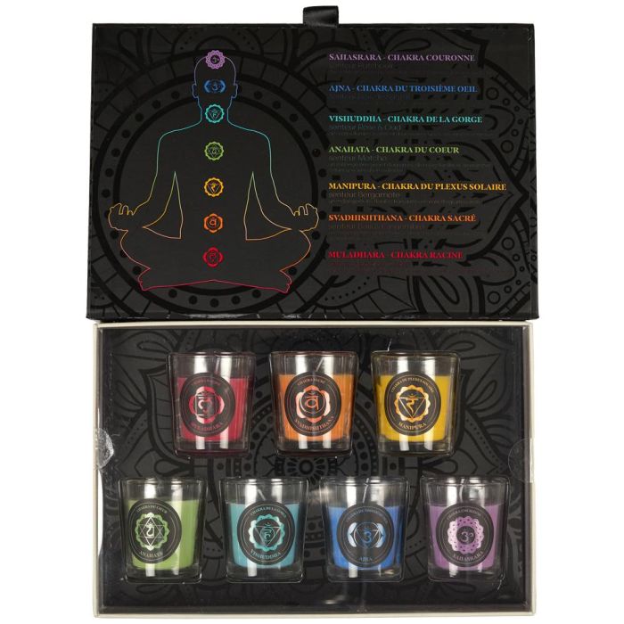 Home Deco Factory Juego 7 Velas Perfumadas Chakra Lila Azul Celeste Verde Amarillo Naranja Rojo Vasito Vidrio