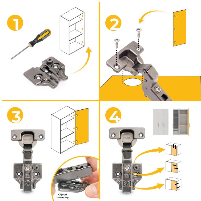 Emuca Lote de 20 bisagras supercodo X91 con cierre suave y suplementos para atornillar, Altura 0, Acero, Titanio 8 Emuca Lote de 20 bisagras supercodo X91 con cierre suave y suplementos para atornillar, Altura 0, Acero, Titanio 8