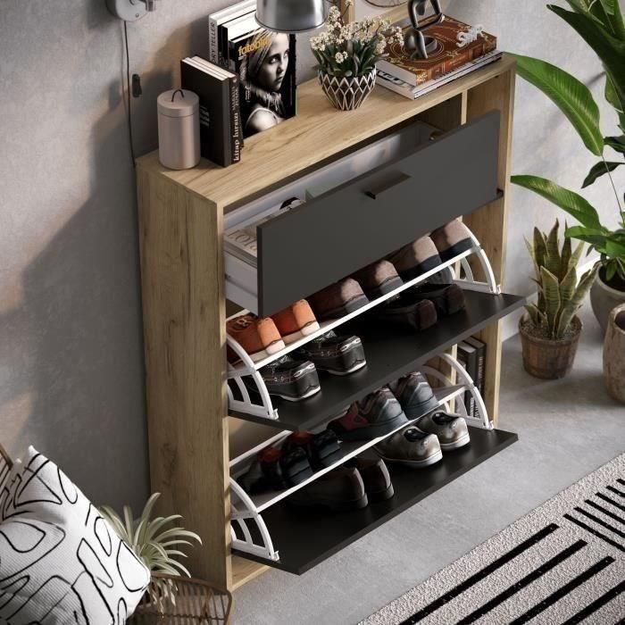Zapatero LEONA de 2 puertas - Melamina negra y contorno de roble rústico - 8 a 10 pares - L90 x P25 x H102 cm 4 Zapatero LEONA de 2 puertas - Melamina negra y contorno de roble rústico - 8 a 10 pares - L90 x P25 x H102 cm 4