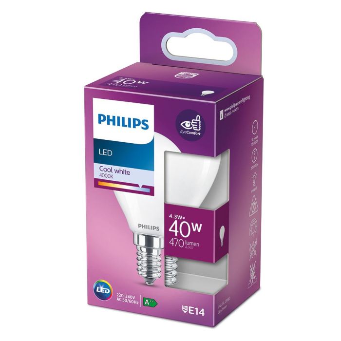 Philips Bombilla esférica LED E14 4,3W 470lm 4000K luz día, equivalencia 40W 1 Philips Bombilla esférica LED E14 4,3W 470lm 4000K luz día, equivalencia 40W 1