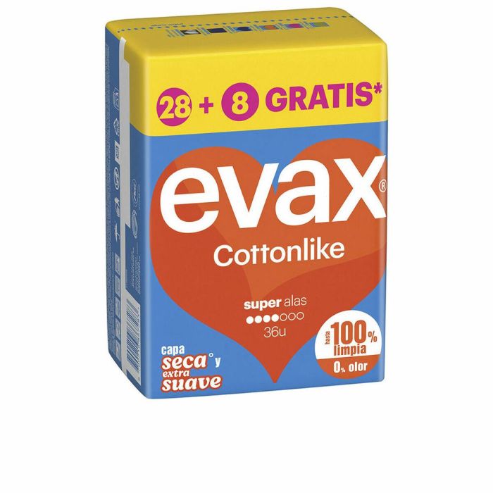 Evax Compresas Cottonlike Super Alas para Flujo Abundante, Protección Adicional, 36 Unidades