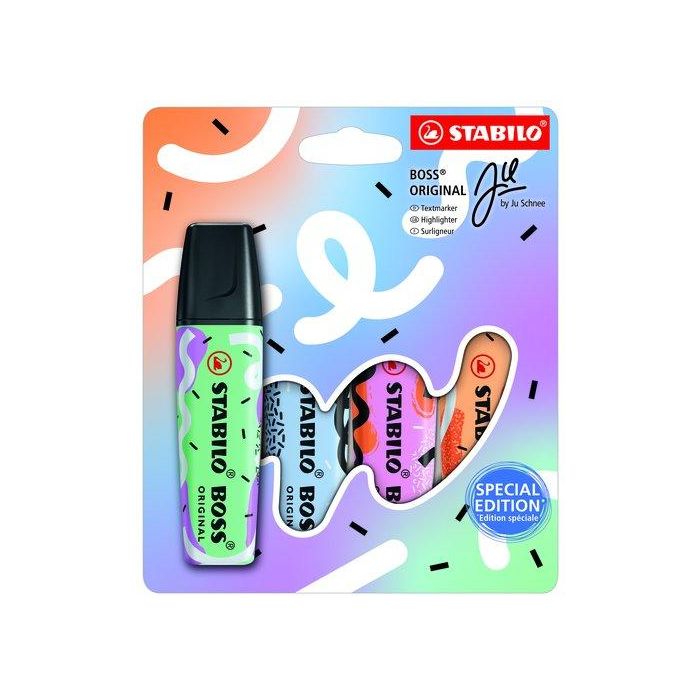 Stabilo Rotulador Fluorescente Boss Original Pastel by Ju Schnee Estuche 4 Colores Surtidos Tinta base agua 2-5mm Protección Antisecado