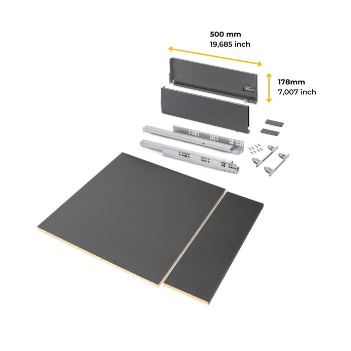 Emuca Kit de cajón para cocina o baño Vertex de altura 178mm con regulación 3D, tableros incluidos, módulo 600mm, Gris antracita 10 Emuca Kit de cajón para cocina o baño Vertex de altura 178mm con regulación 3D, tableros incluidos, módulo 600mm, Gris antracita 10