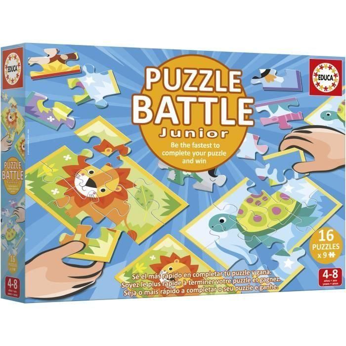 Educa EDU1747456973337 Puzzle Battle Jr Animales 16 puzzles de 9 piezas, para niños a partir de 4 años