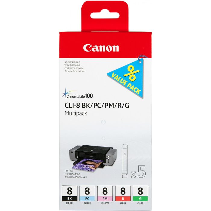 Canon 0620B027 Tinte CLI-8 Multipack Original (5 piezas): BK/PC/PM/R/G para Pixma Pro 9000 Cian, Magenta