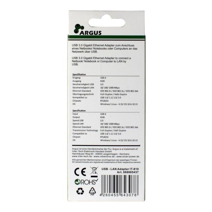 Inter-Tech ARGUS IT-810 Adaptador USB3.0 a RJ45 Gigabit Lan 1000 MBit/s Negro 3