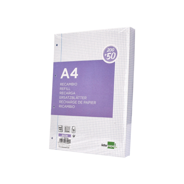 Liderpapel Recambio A4 250 Hojas 90gr Cuadro 4mm Con Margen 4 Taladros 2