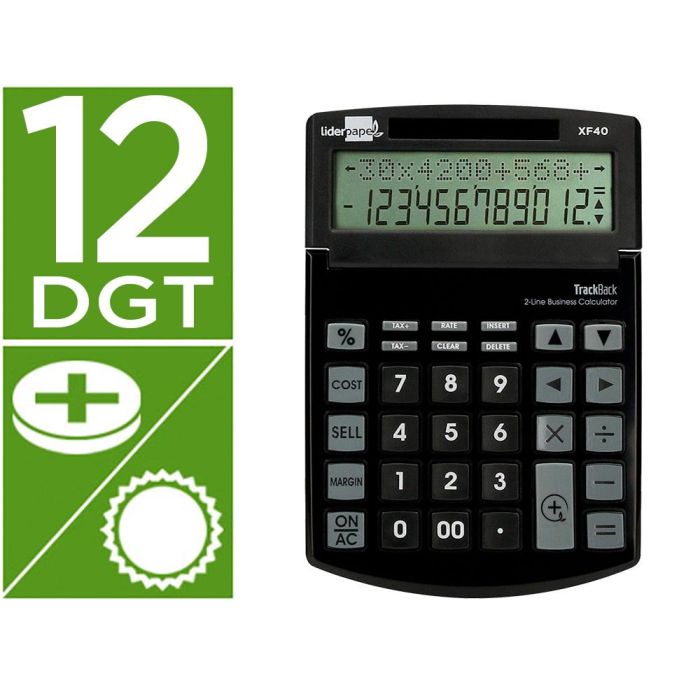 Calculadora Liderpapel Sobremesa Xf40 12 Digitos Dos Lineas Solar Y Pilas Negro 175x120x30 mm 40% Reciclada