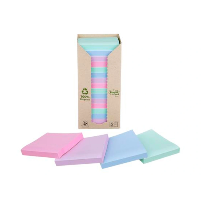 Post-it Bloc de notas adhesivas 76x76 mm 100% reciclada PEFC, pack 16 unidades, colores surtidos 4