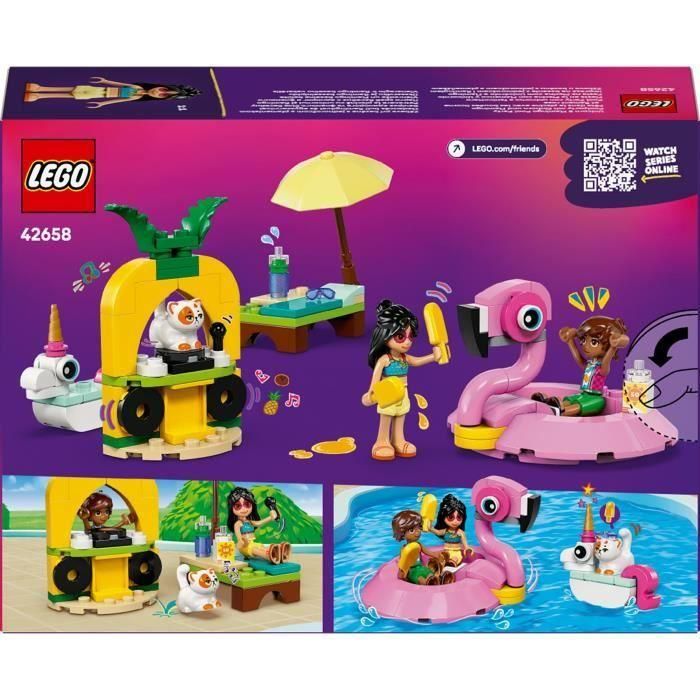 LEGO 42658 Set de Construcción LEGO Friends Fiesta Piscina con Flamenco y Unicornio, Incluye 2 Flotadores, Minifiguras y Gato, +5 años 5