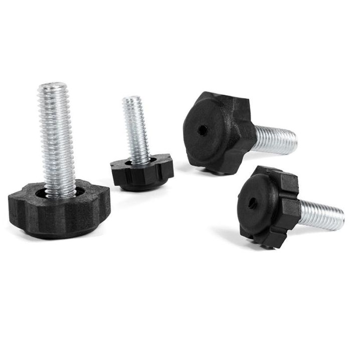 HERRAJES ALK Pie Nivelador Regulable Tipo Dado Negro, Base Ø22mm Espesor 10mm, Tornillo M8x37mm, Rosca Útil 28mm 1