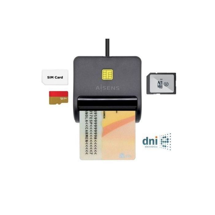Aisens Lector de Tarjetas Inteligente DNI con Lector de Tarjetas SIM, SD, Micro SD, MMC, RS-MMC, MMC Micro, Negro - Compatible con FIPS 201, FIPS TAA e ISO 7816