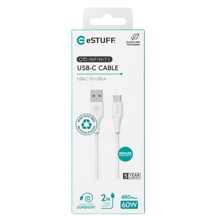 eSTUFF INFINITE Super Soft USB-C to USB-A Cable 2m - 100% Recycled PVC Free Plastic 3 eSTUFF INFINITE Super Soft USB-C to USB-A Cable 2m - 100% Recycled PVC Free Plastic 3