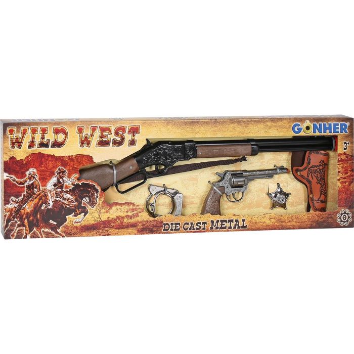 Gonher Set Revolver y Rifle Wild West 498/0 con Pistola 80/0, Cartuchera, Cinturón, Esposas y Estrella Sheriff, Usa Fulminantes 8 Tiros 1