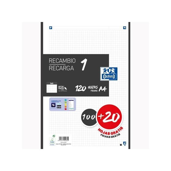 Oxford Recambio Classic 120 Hojas A4 Sueltas 90 gr 5x5 mm 4 Taladros 1 Banda Color Negro, Compatible con SCRIBZEE