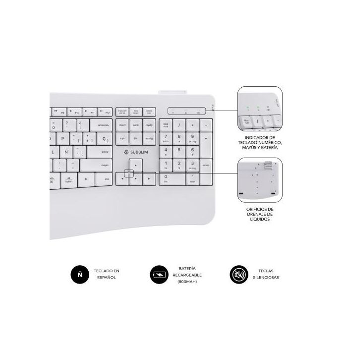 SUBBLIM SUBKBC-DCOPW1 Combo Teclado y Ratón Inalámbrico Ergonómico Dual Bluetooth 5.3/2.4G Recargable QWERTY Español Blanco Oficina 4