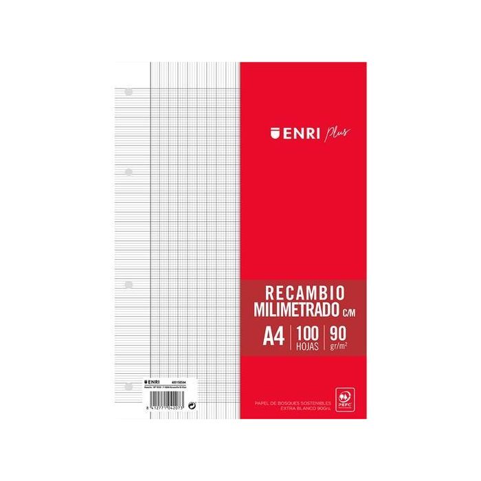 Enri Recambio Plus 100H A4 90 gr Milimetrado C-Margen 4 Taladros Blanco