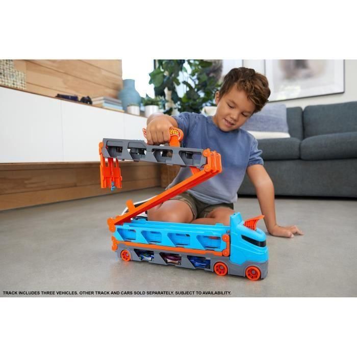 Hot Wheels GVG37 Camión Transporte Convertible Pista Desplegable 182cm para 20+ Coches con Lanzador Doble y 3 Vehículos 3 Hot Wheels GVG37 Camión Transporte Convertible Pista Desplegable 182cm para 20+ Coches con Lanzador Doble y 3 Vehículos 3